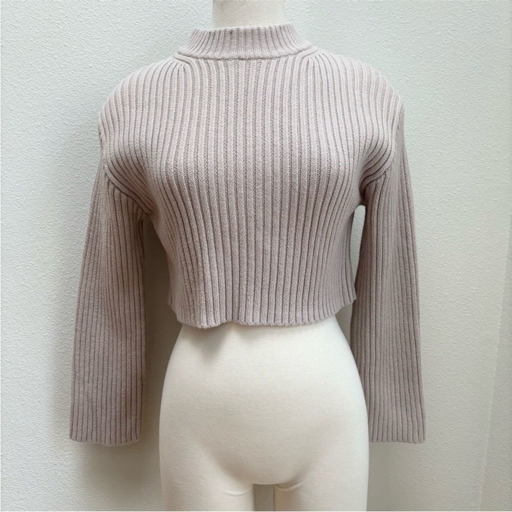 Turtleneck Mock Neck Sweater Ribbed Long Sleeve Cropped Cotton Beige Size Xs